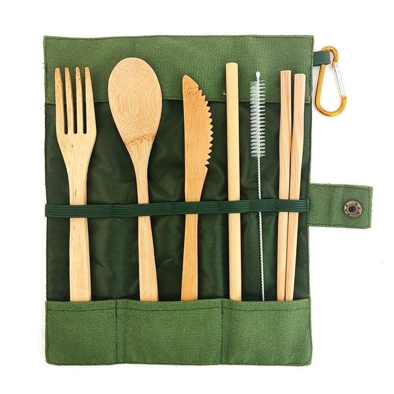 Eco-Friendly Bamboo Travel Cutlery Set with Carrying Bag & Carabiner