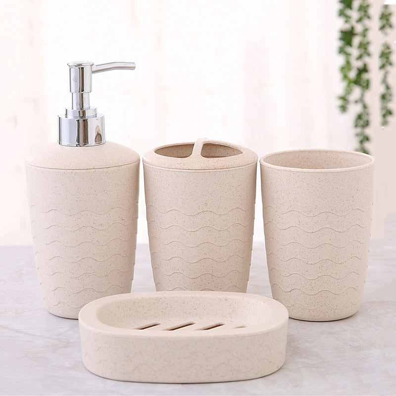 Eco-Friendly Wheat Straw 4-Piece Bathroom Set – Sustainable Soap Dish, Dispenser, Toothbrush Holder & Cup