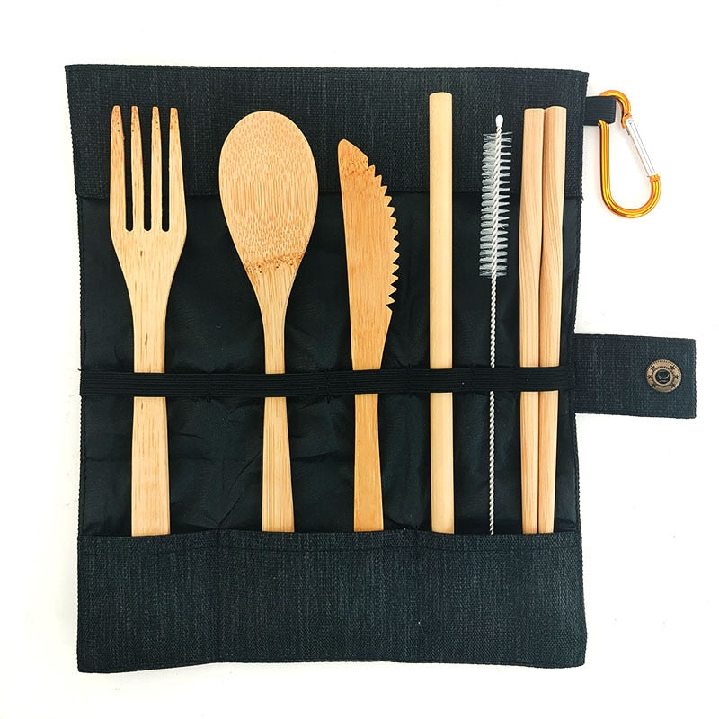 Eco-Friendly Bamboo Travel Cutlery Set with Carrying Bag & Carabiner