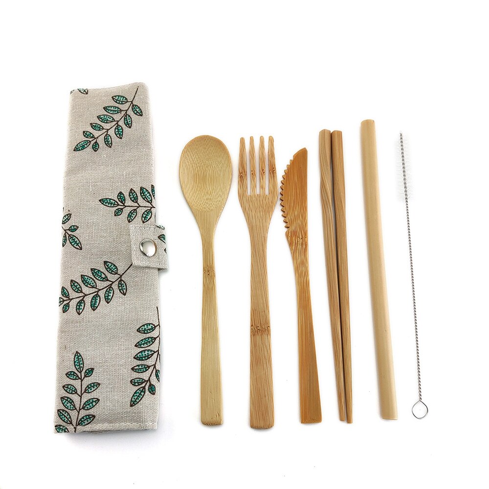 Eco-Friendly Bamboo Travel Cutlery Set with Carrying Bag & Carabiner