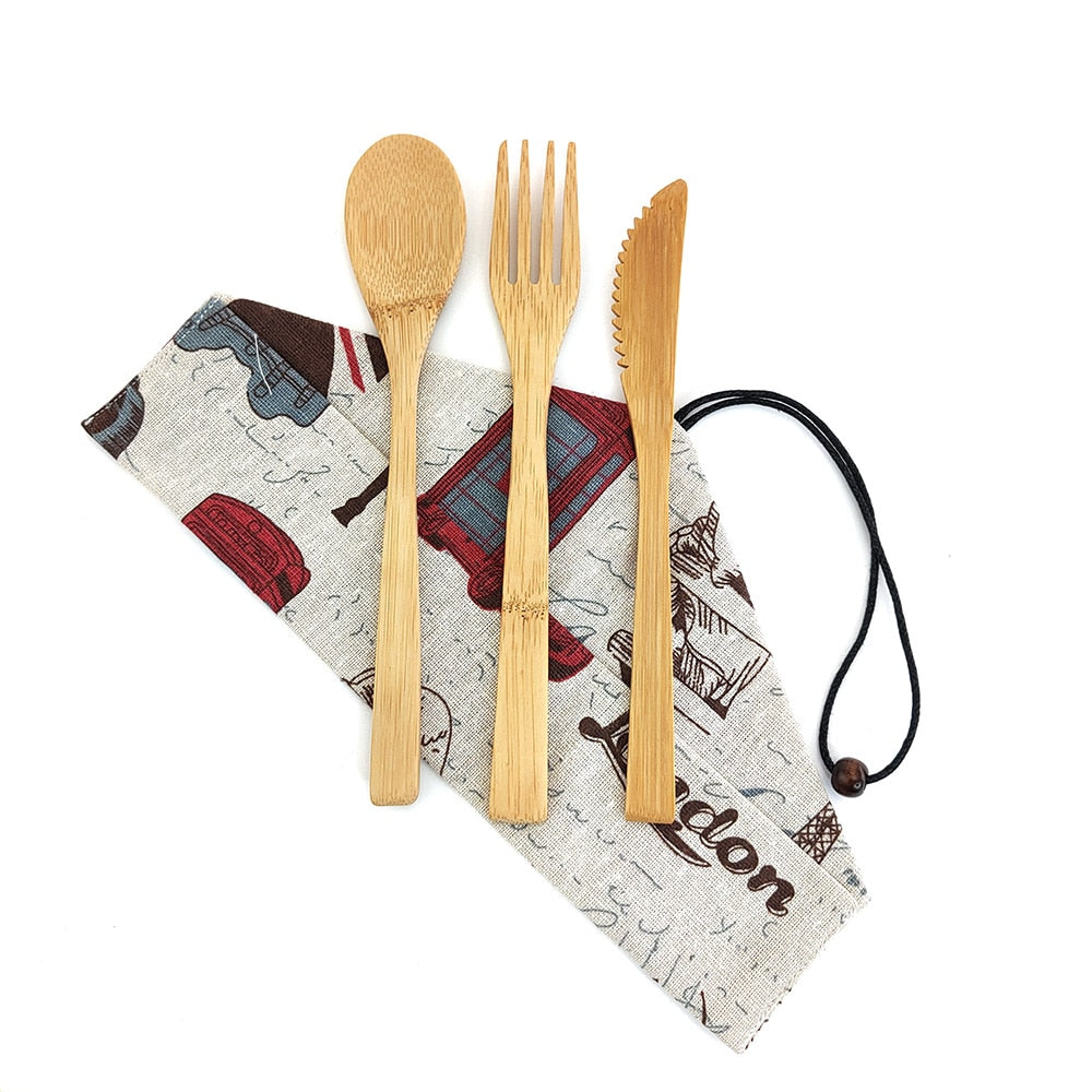 Eco-Friendly Bamboo Travel Cutlery Set with Carrying Bag & Carabiner