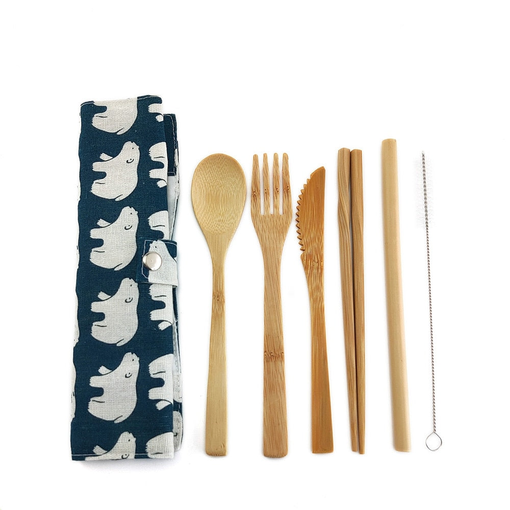 Eco-Friendly Bamboo Travel Cutlery Set with Carrying Bag & Carabiner