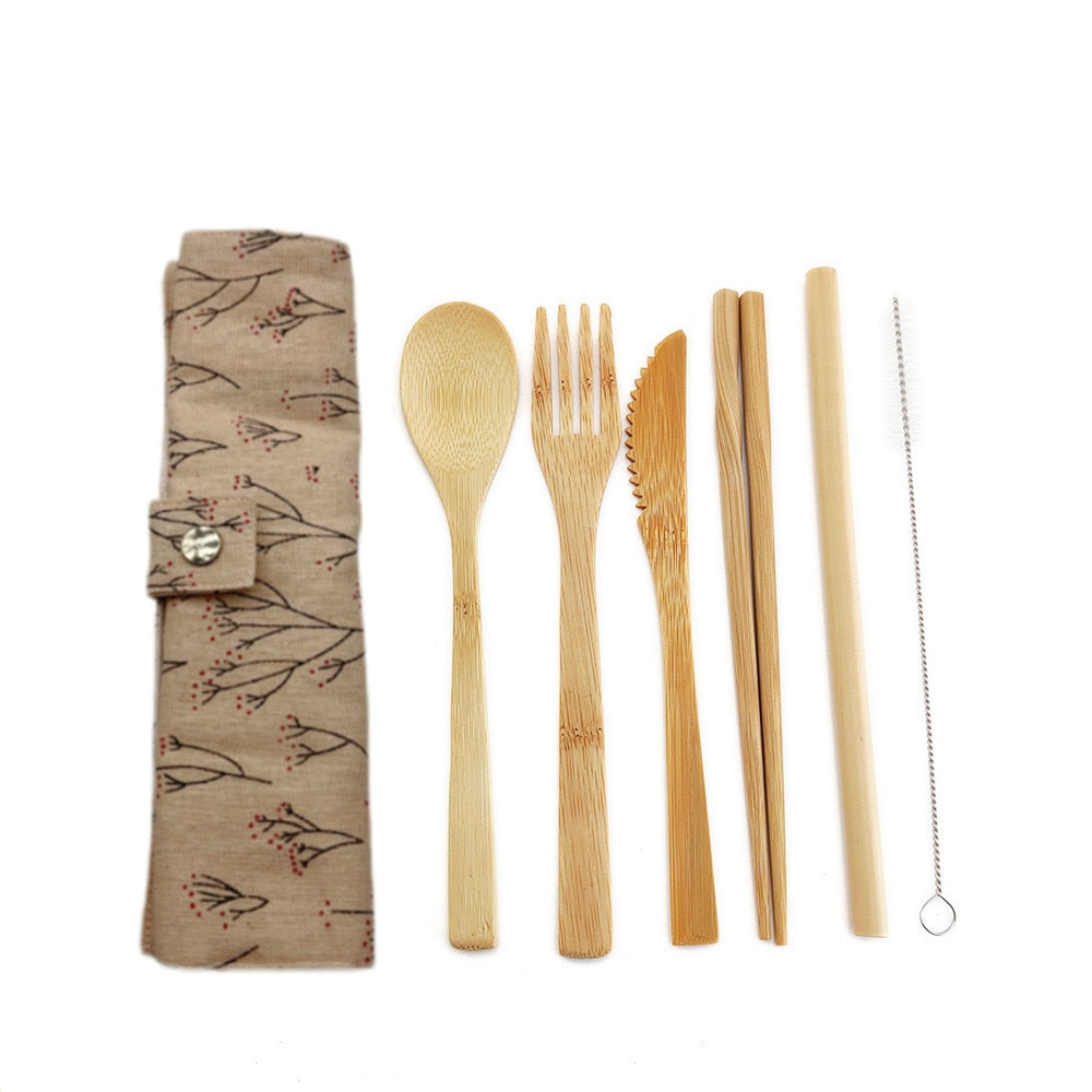 Eco-Friendly Bamboo Travel Cutlery Set with Carrying Bag & Carabiner