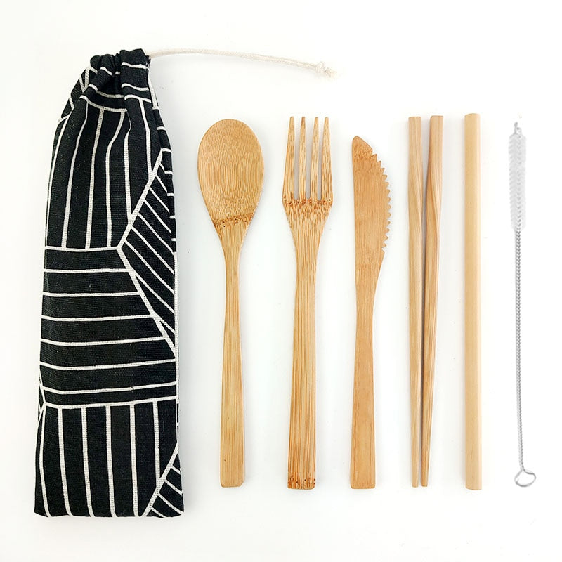 Eco-Friendly Bamboo Travel Cutlery Set with Carrying Bag & Carabiner