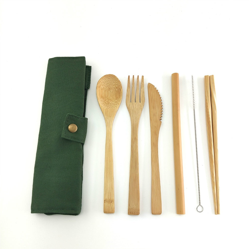 Eco-Friendly Bamboo Travel Cutlery Set with Carrying Bag & Carabiner