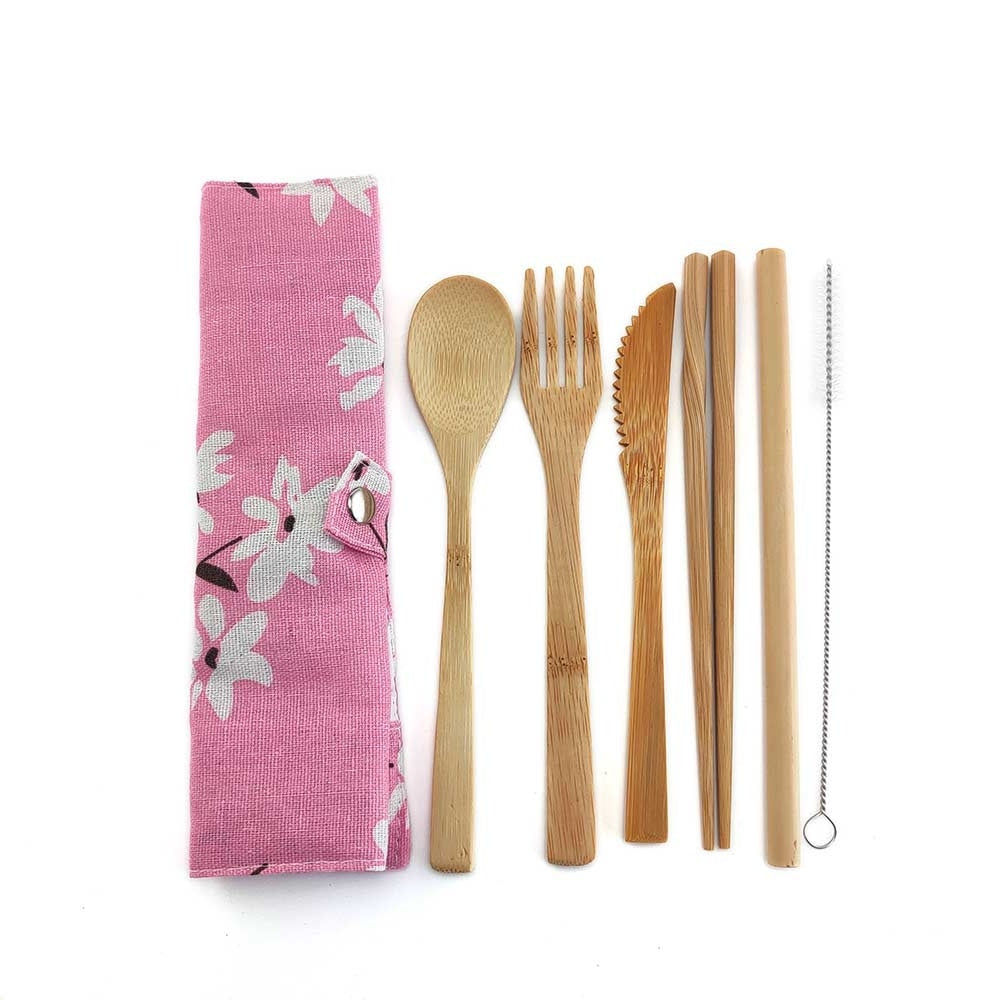 Eco-Friendly Bamboo Travel Cutlery Set with Carrying Bag & Carabiner