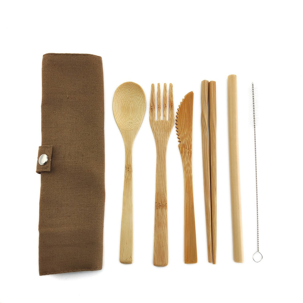 Eco-Friendly Bamboo Travel Cutlery Set with Carrying Bag & Carabiner