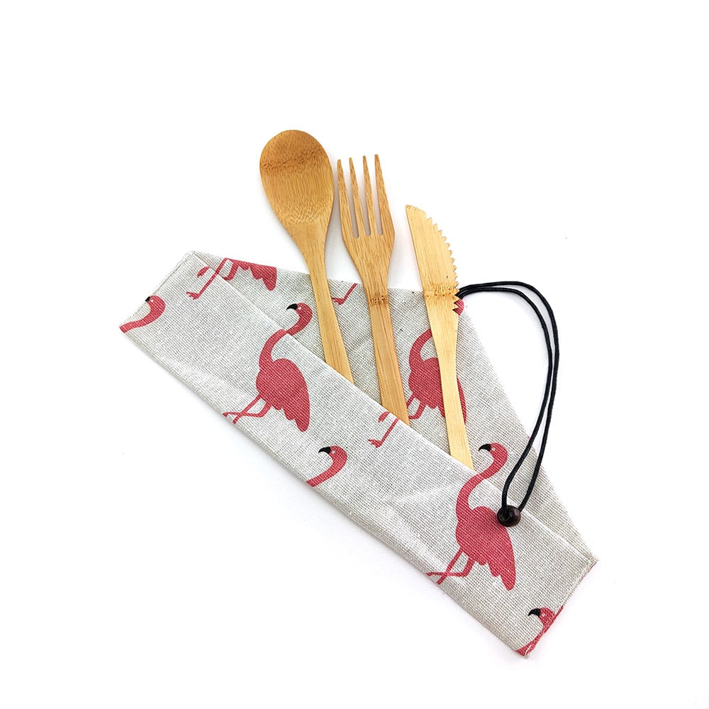 Eco-Friendly Bamboo Travel Cutlery Set with Carrying Bag & Carabiner