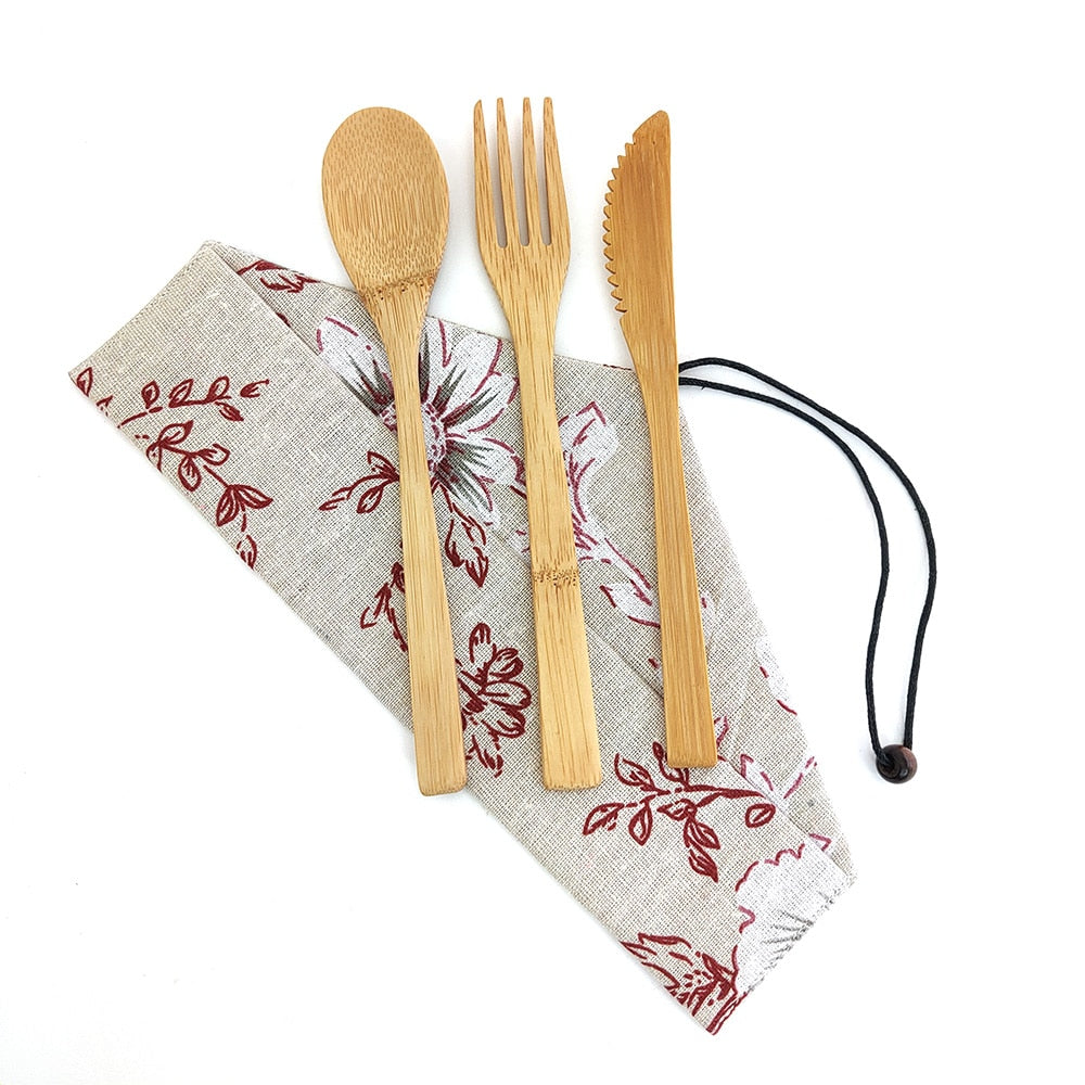 Eco-Friendly Bamboo Travel Cutlery Set with Carrying Bag & Carabiner