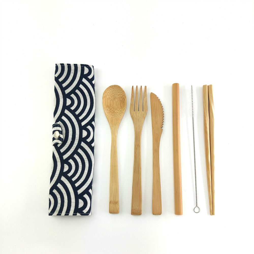 Eco-Friendly Bamboo Travel Cutlery Set with Carrying Bag & Carabiner