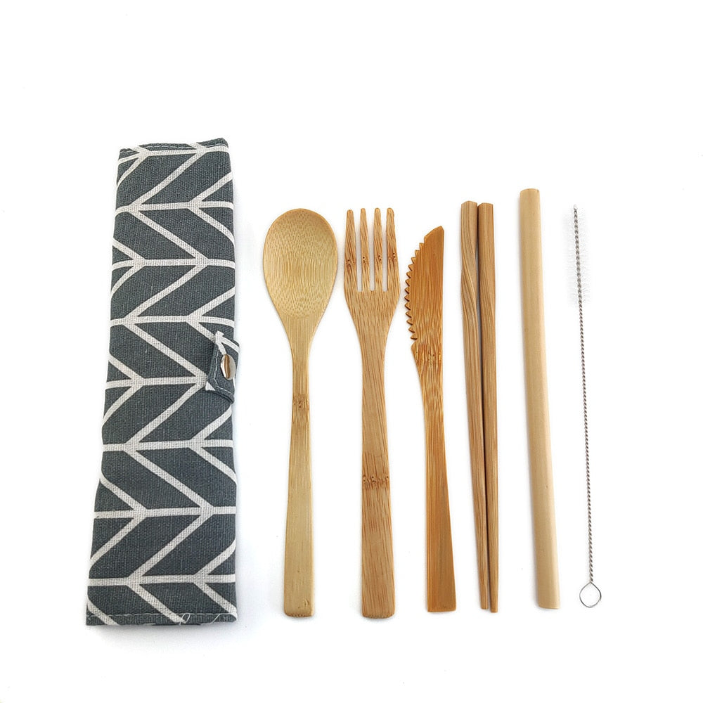 Eco-Friendly Bamboo Travel Cutlery Set with Carrying Bag & Carabiner