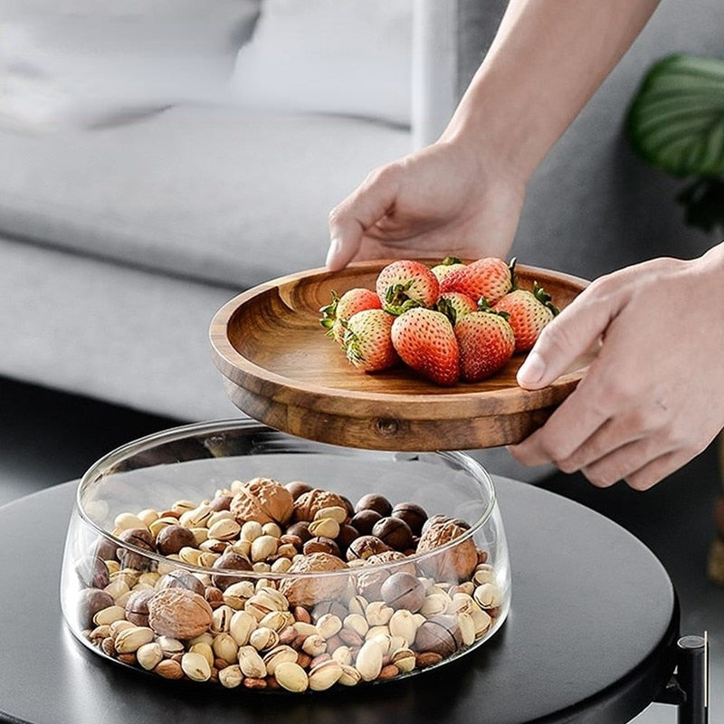 Elegant Glass Bowl with Wooden Lid – Versatile Storage for Home & Kitchen