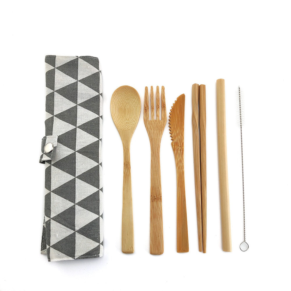 Eco-Friendly Bamboo Travel Cutlery Set with Carrying Bag & Carabiner