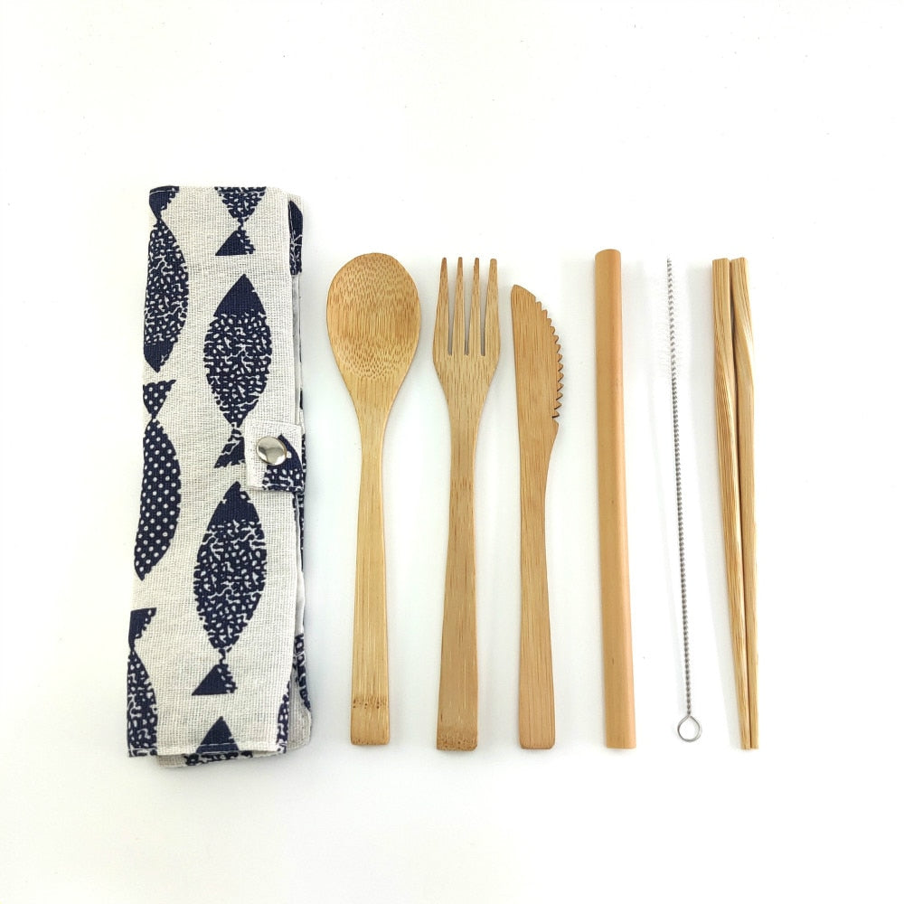 Eco-Friendly Bamboo Travel Cutlery Set with Carrying Bag & Carabiner