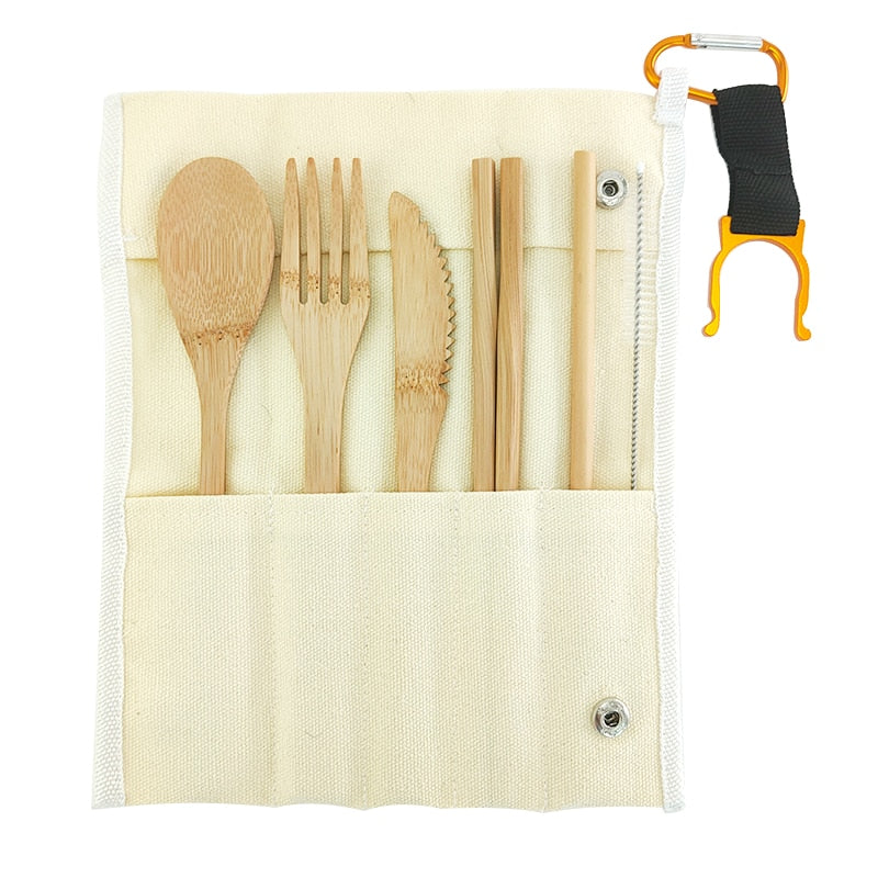 Eco-Friendly Bamboo Travel Cutlery Set with Carrying Bag & Carabiner