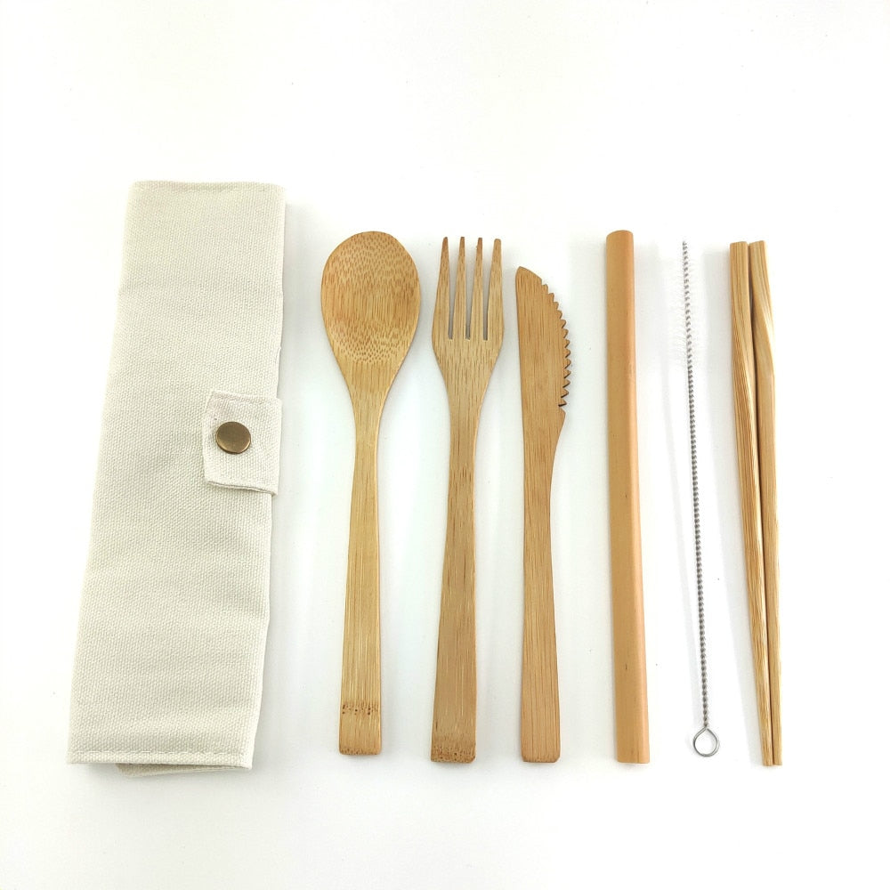 Eco-Friendly Bamboo Travel Cutlery Set with Carrying Bag & Carabiner