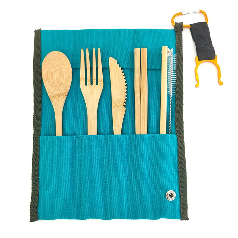 Eco-Friendly Bamboo Travel Cutlery Set with Carrying Bag & Carabiner