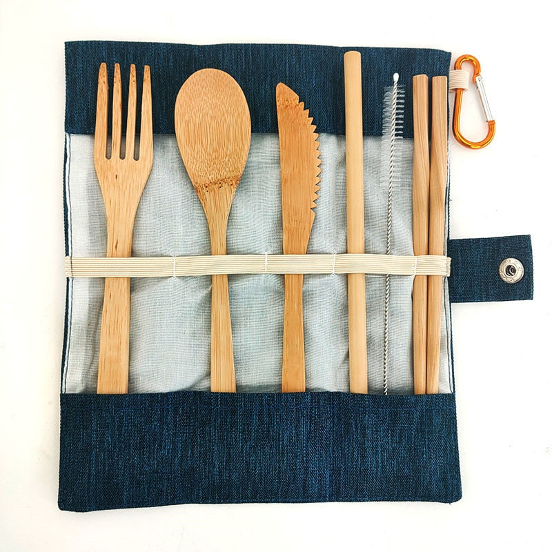 Eco-Friendly Bamboo Travel Cutlery Set with Carrying Bag & Carabiner