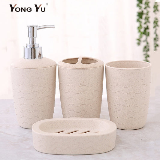 Eco-Friendly Wheat Straw 4-Piece Bathroom Set – Sustainable Soap Dish, Dispenser, Toothbrush Holder & Cup